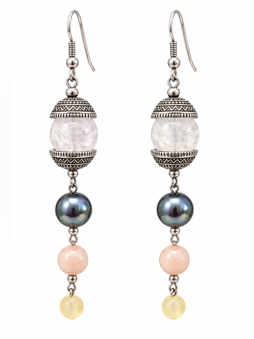 Silver Tone Pink Quartz Mixed Bead Long Dangle Earrings Boho Y2K